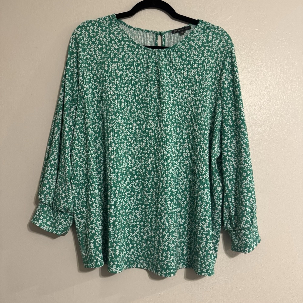 Adrianna Papell Green Floral Pintuck Boho Cottagecore Blouse XL Loose Stretch